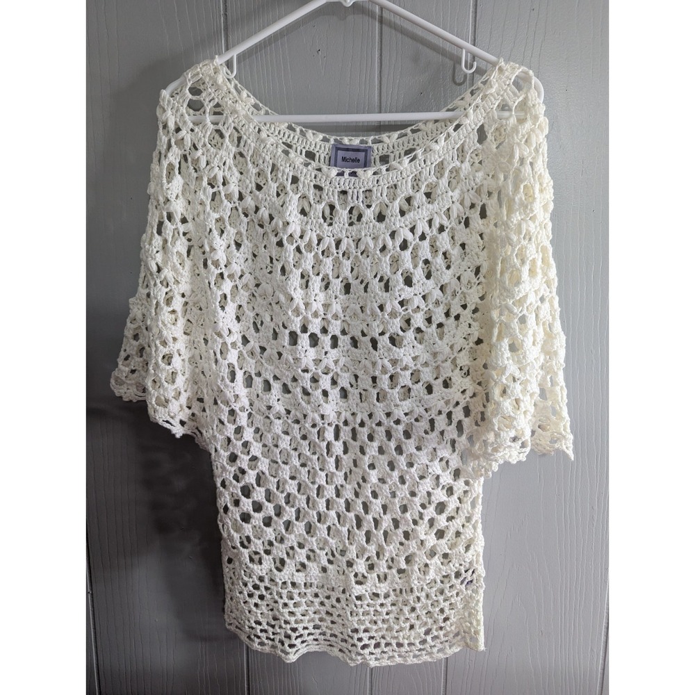 Michelle Nicole womens M white crochet style open hole design sweater shirt top